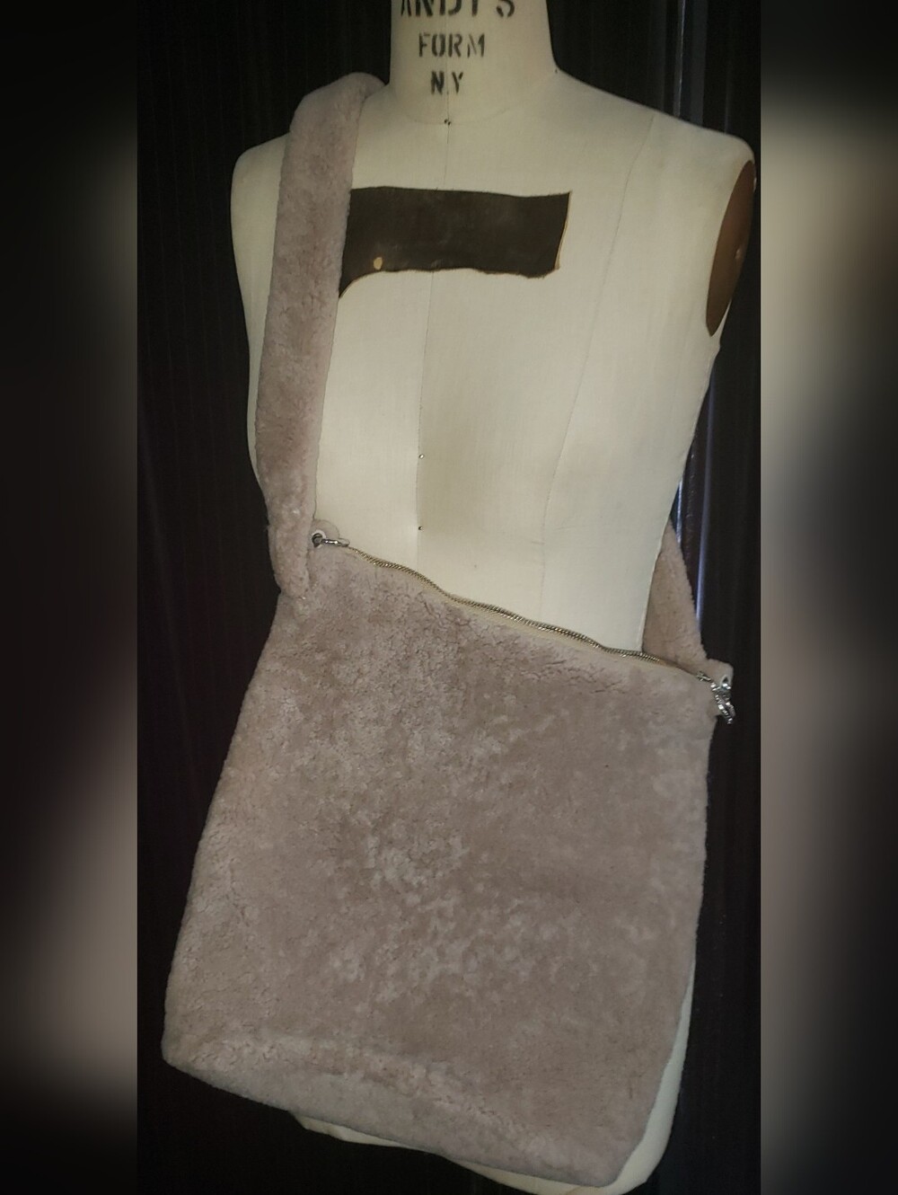 Sample Taupe Natural Genuine Sheepskin Lined Sky Blue Leather Crossbody Bag